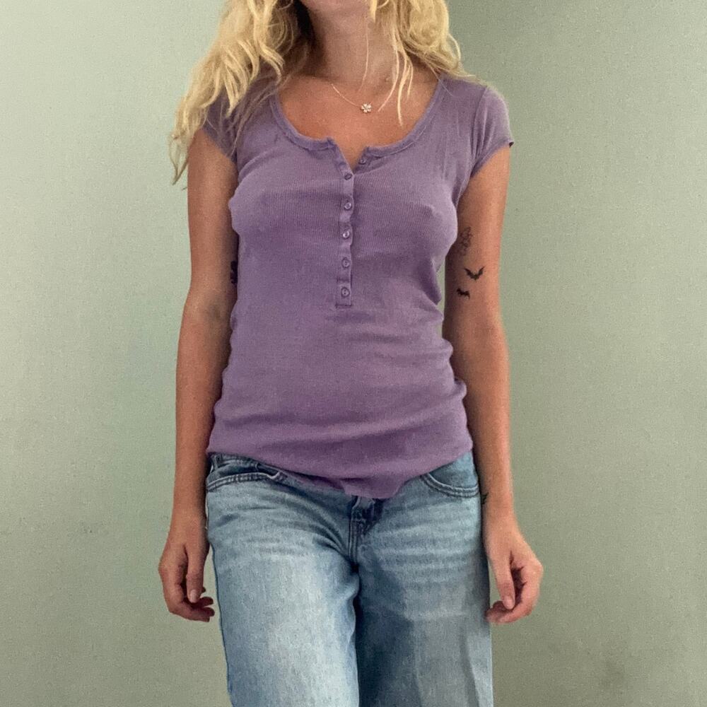 Vintage Y2k Next Era Short Sleeve Ribbed Henley Top Purple Size XL Downtown Girl